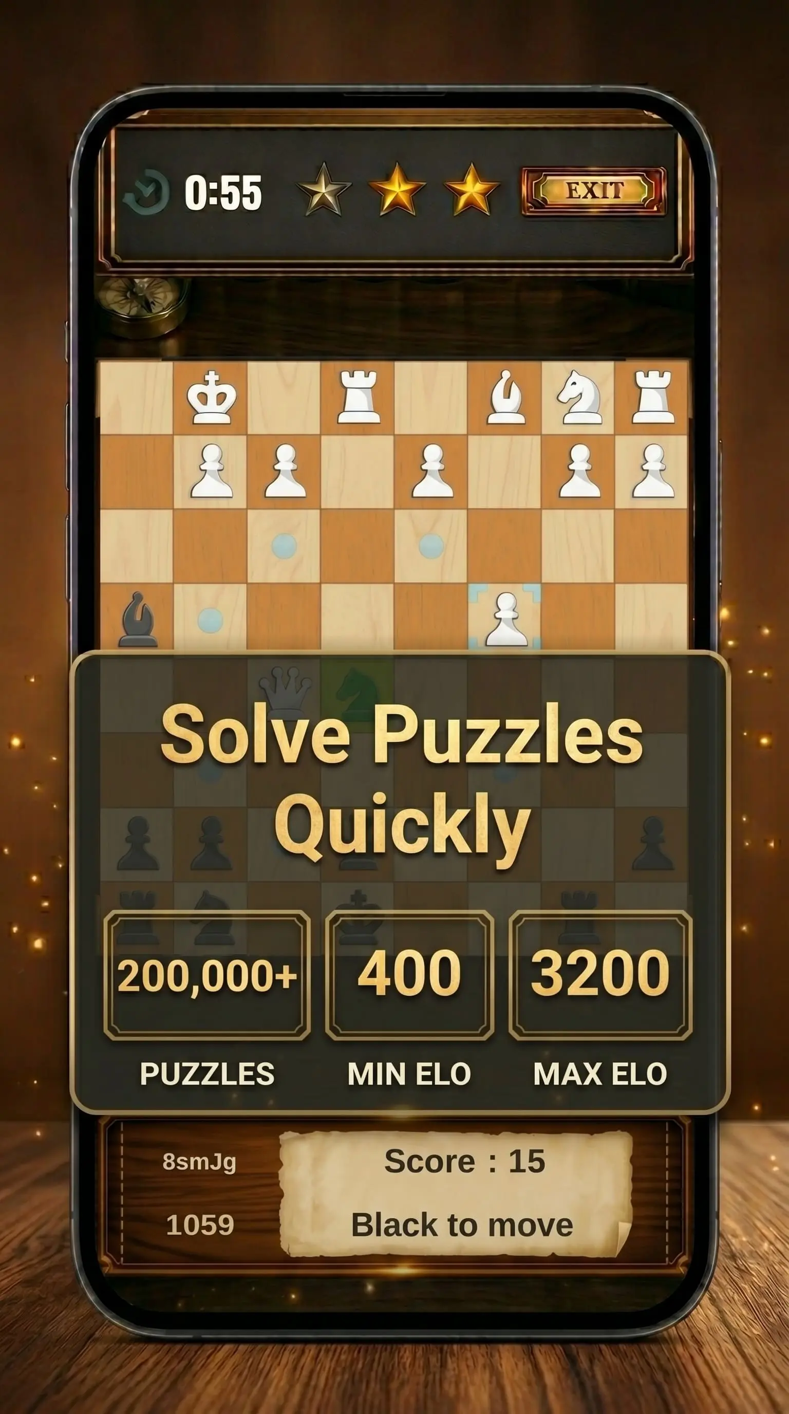 Chess Puzzle Sprint screenshot showing puzzle board and move options