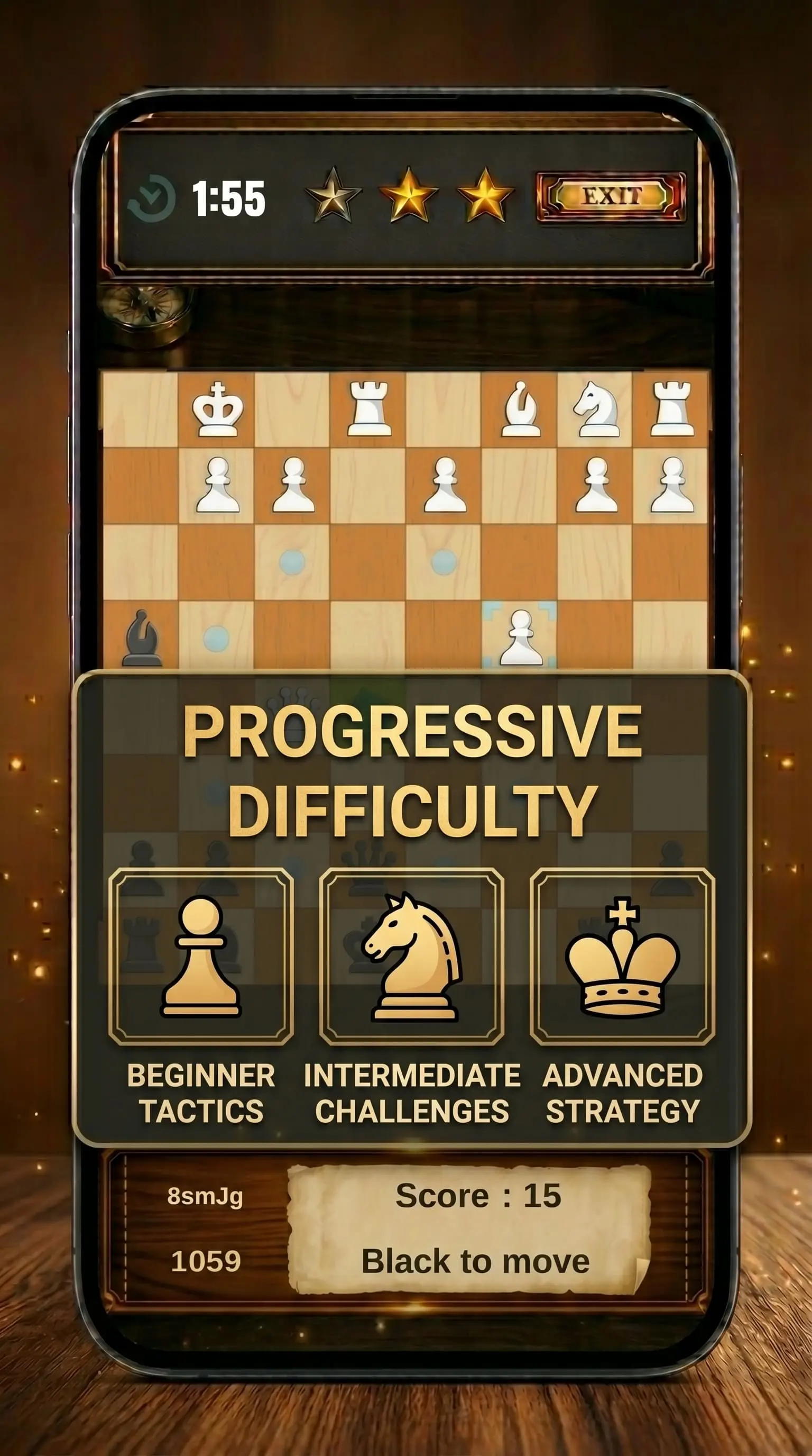 Chess Puzzle Sprint screenshot showing score and training progress